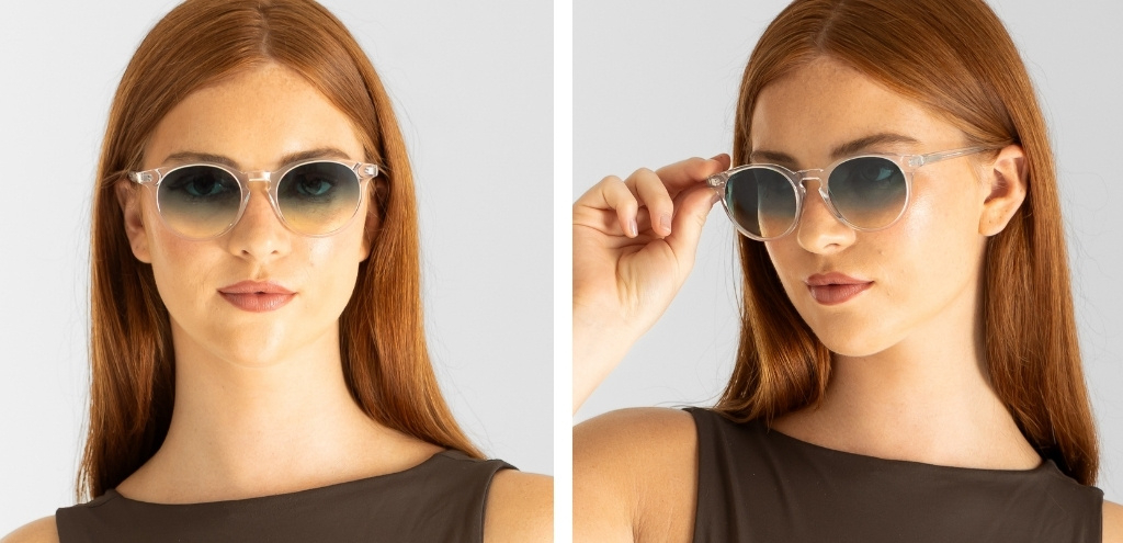 BigBell Clear Crystal sunglasses worn by model 