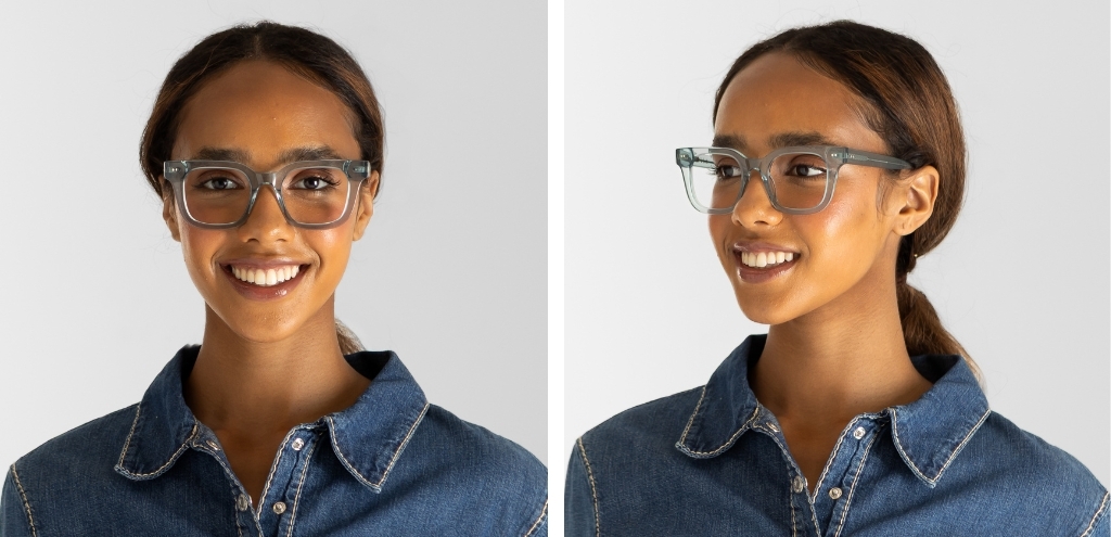 Model wearing IOLLA Clyde Teal Crystal glasses