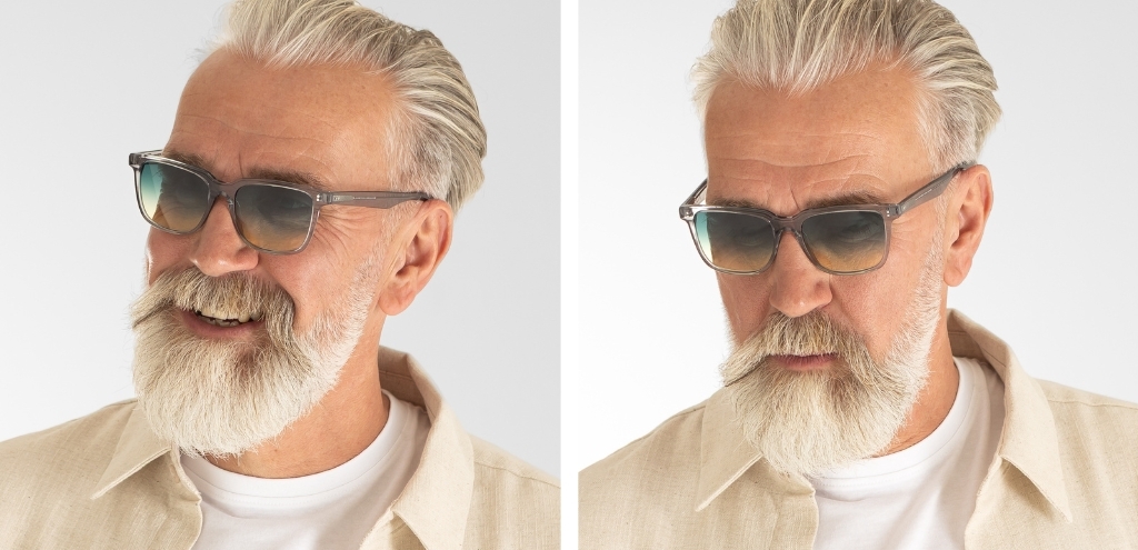 Model wearing Russell Light Grey Crystal Sunglasses