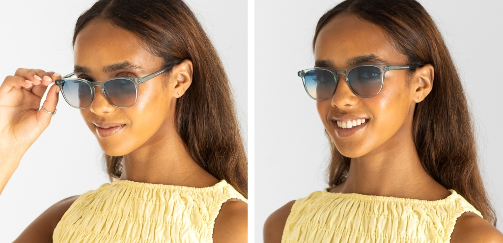 Model wearing IOLLA Smith Teal Crystal Sunglasses with Gradient lens
