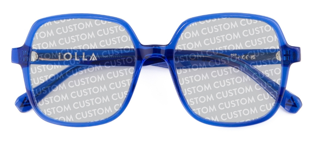 Blue IOLLA Sunglasses with custom writing on lenses folded on a white background