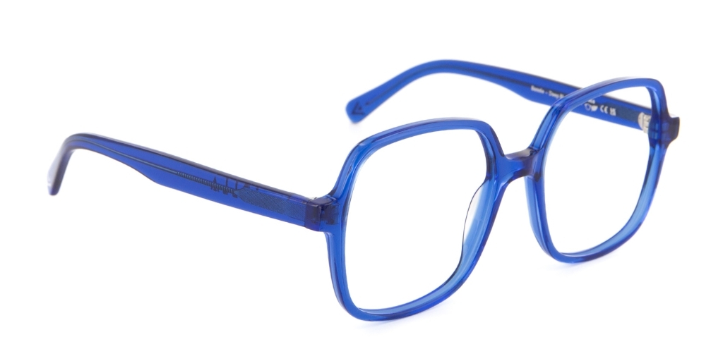 Bonnie Deep Blue glasses sitting at angle on white background