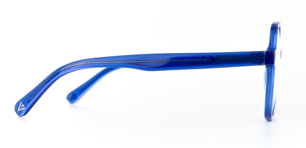 Blue IOLLA glasses facing sideways on a white background