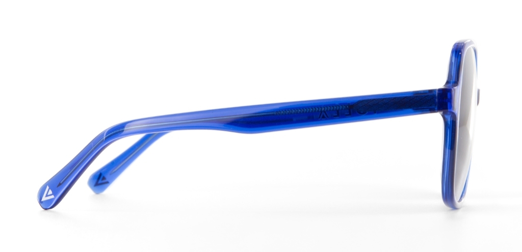 Blue IOLLA Sunglasses with Grey Lenses facing sideways on a white background