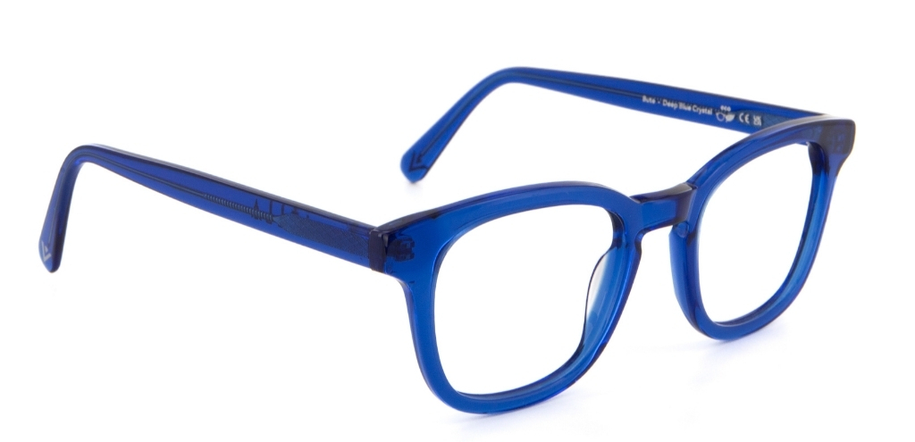 Blue glasses angled on white background