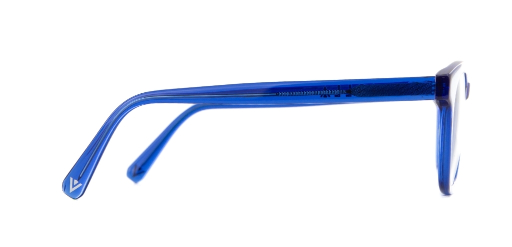 Blue Small square IOLLA glasses facing sideways on white background