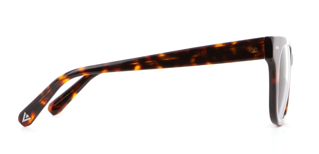 Dark tortoiseshell IOLLA sunglasses with green lenses facing sideways on white background