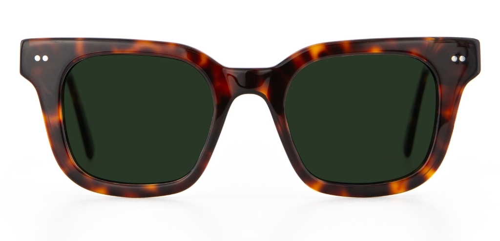 Dark tortoiseshell IOLLA sunglasses with green lenses front facing on white background