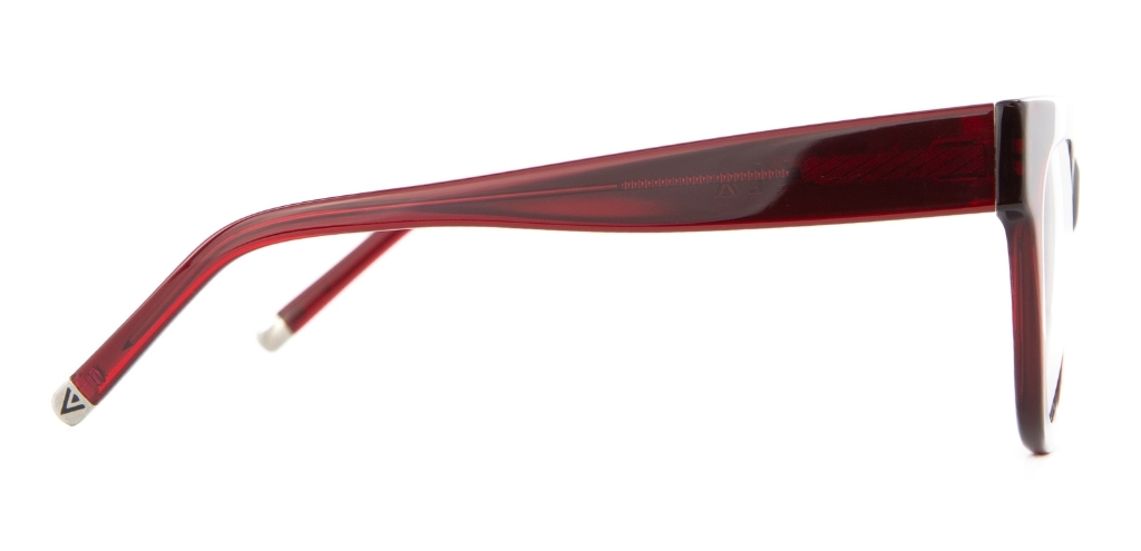 Red IOLLA glasses facing sideways on a white background