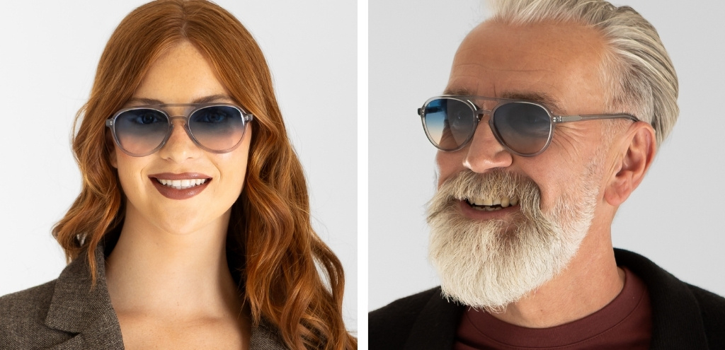 Nicol Light Grey Crystal Sunglasses on a male and female models