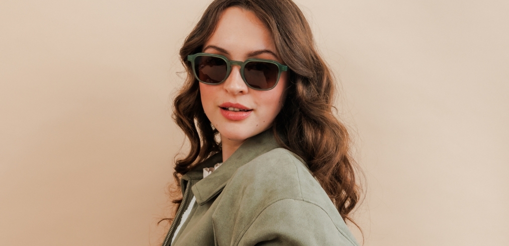 Khaki green acetate sunglasses with brown tinted lenses and bold square frame, available in the UK.