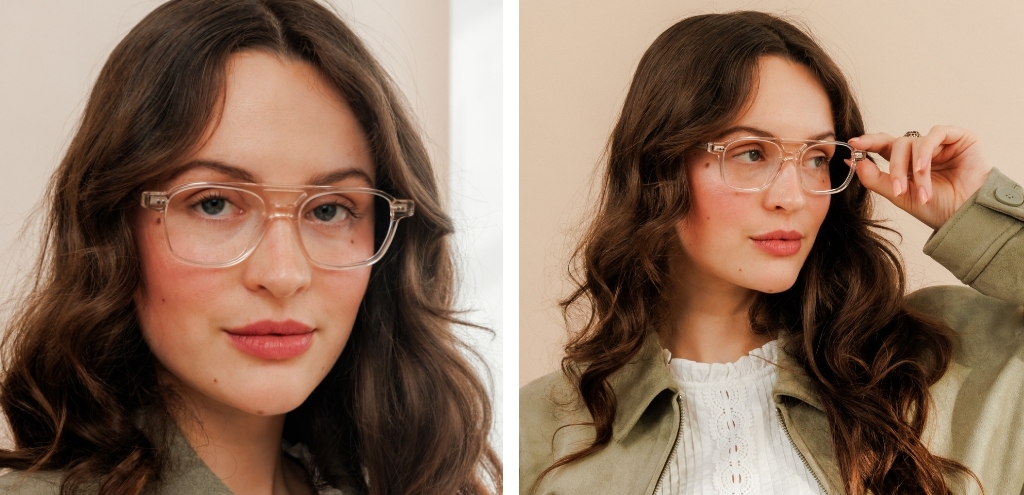 Transparent crystal acetate glasses with prescription lenses, modern square aviator style frame for UK customers.