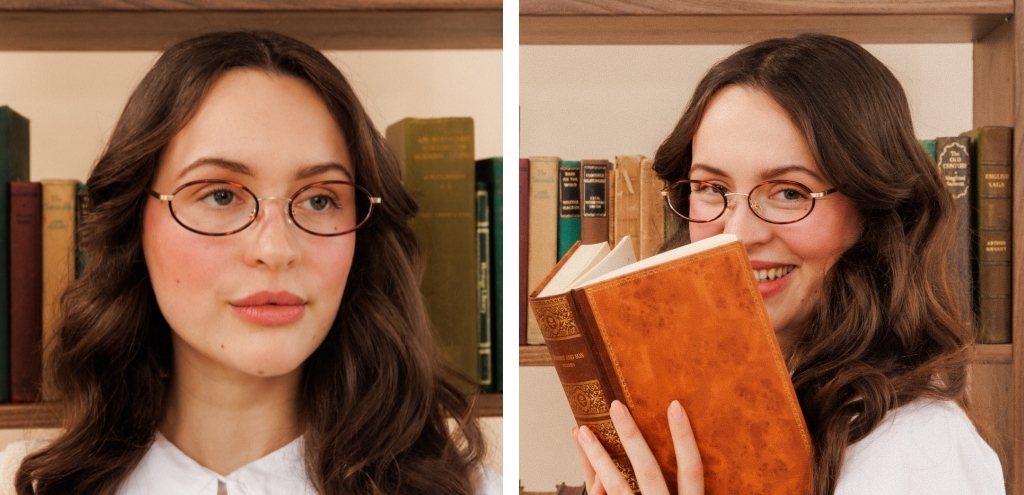 Model wearing gold metal oval glasses with slim wire frame with havana piping and nose pads.