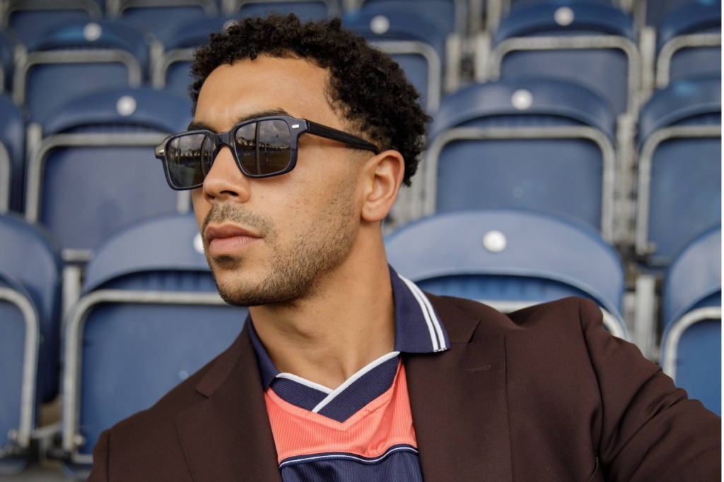 Male model wearing IOLLA Angus Sunglasses in Stone Blue