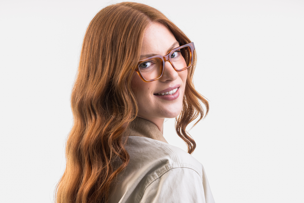 IOLLA Macrae Glasses in Amber Shown on Female Model