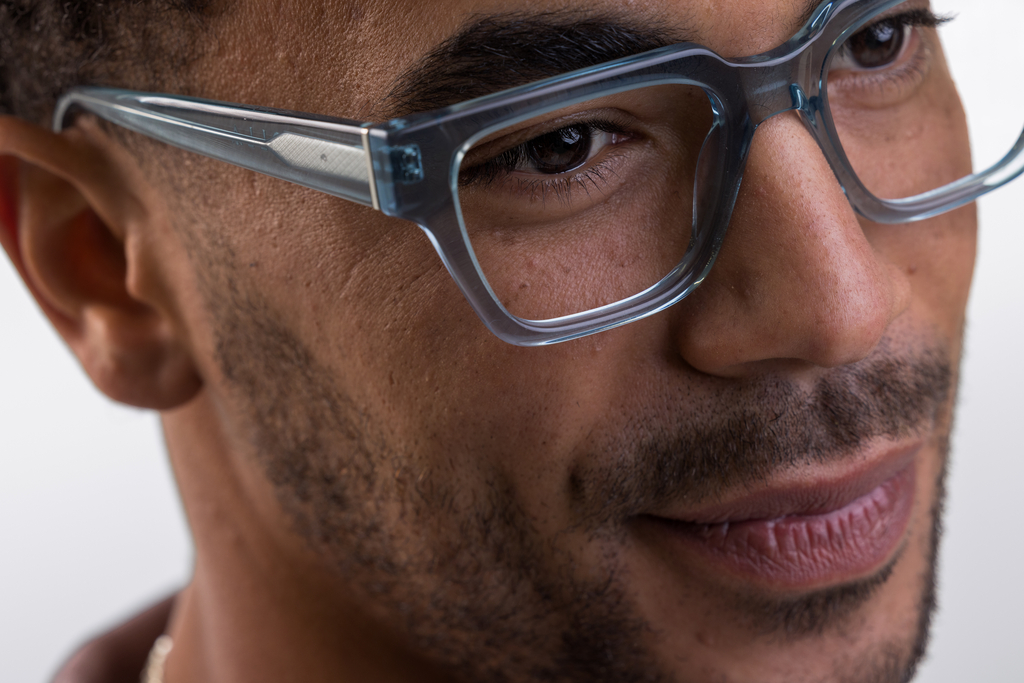 IOLLA Macrae Glasses in Teal Crystal Shown on Male Model