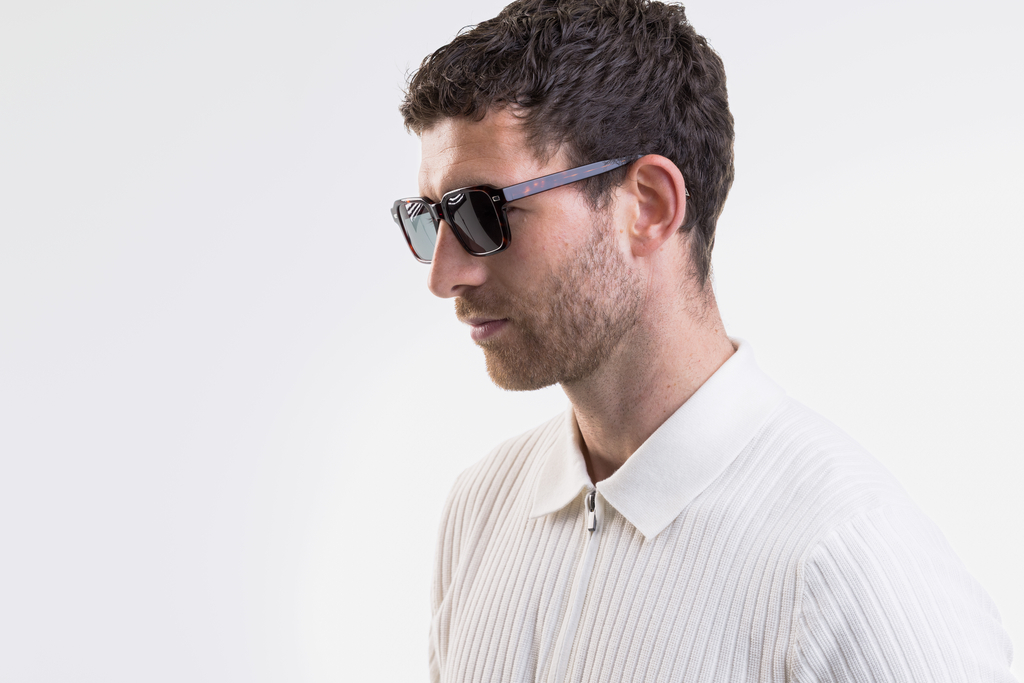 IOLLA Angus Sunglasses in Deep Havana with Green Lenses Shown on Male Model