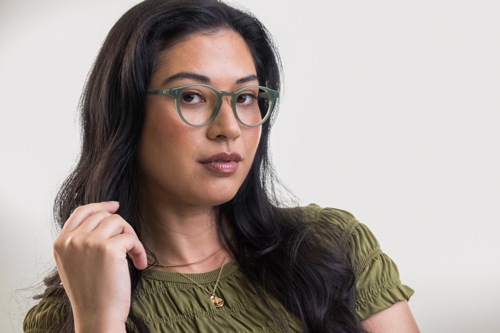 female model wearing Bell Khaki Green Glasses