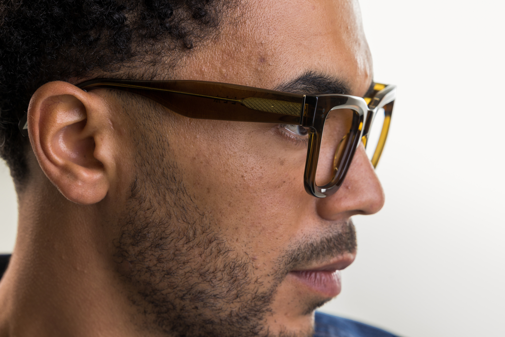 Male model wearing Brodie husk crystal side profile