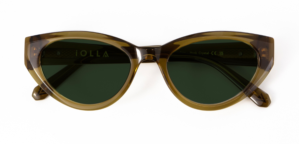 Jura Sunglasses in Husk Crystal with classic green lenses front folded view 
