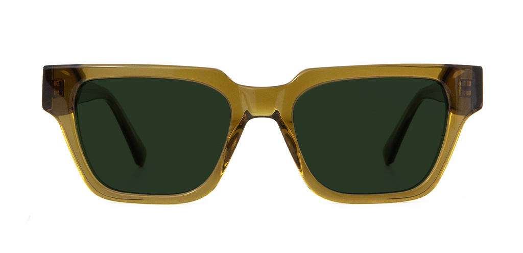 Macrae Sunglasses in Husk Crystal with green lenses front unfolded view