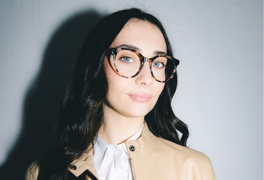 Female model wearing Crawford Vanilla Tortoise Glasses side profile
