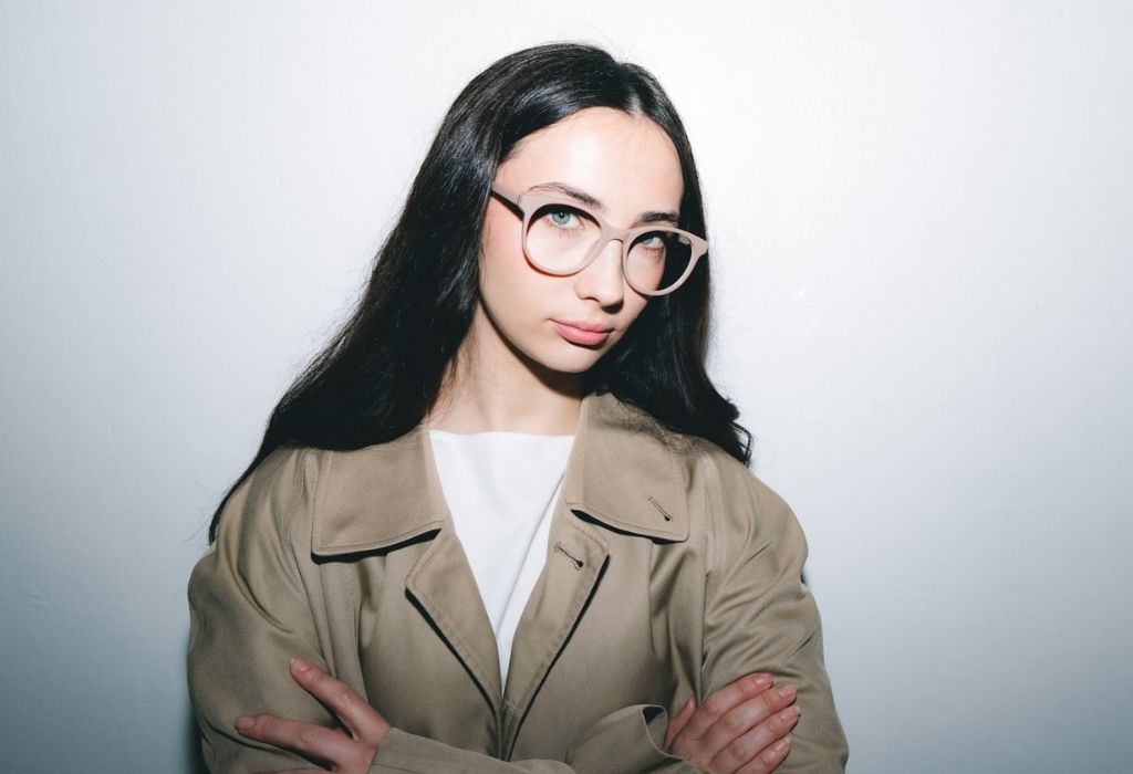 Female model wearing Crawford Mocha Glasses side profile