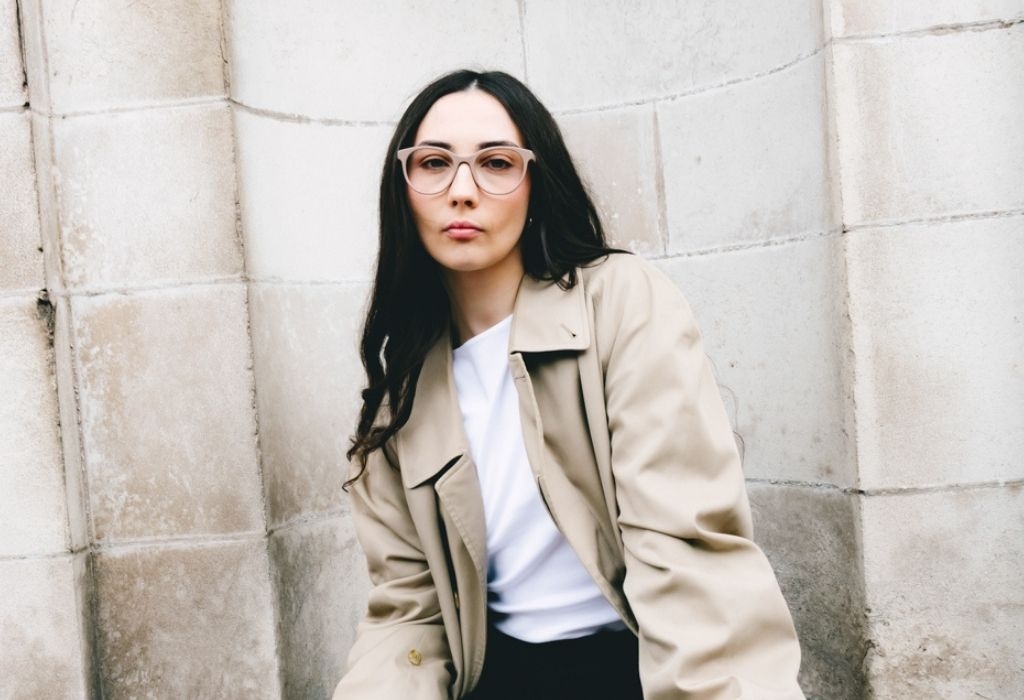 Female model wearing Crawford Mocha Glasses front profile