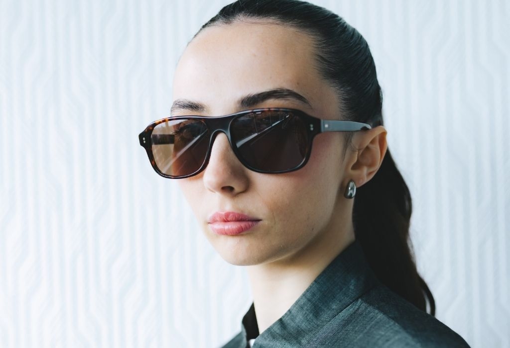Female model wearing Lachlan Deep Havana Sunglasses close-up