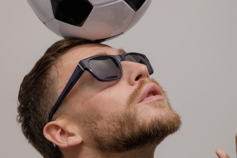 Male model wearing IOLLA Maclean Sunglasses in Stone Blue