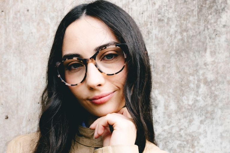 Female model wearing Crawford Vanilla Tortoise Glasses