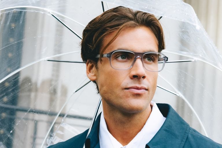 Male model wearing Lachlan Light Grey Crystal Glasses