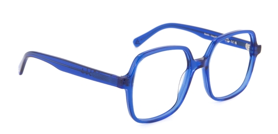 Blue IOLLA glasses facing sideways on a white background