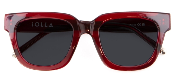 Red IOLLA Sunglasses with grey lenses folded on white background