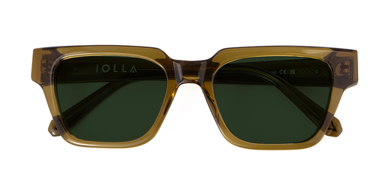 Macrae Sunglasses in Husk Crystal with green lenses front folded view