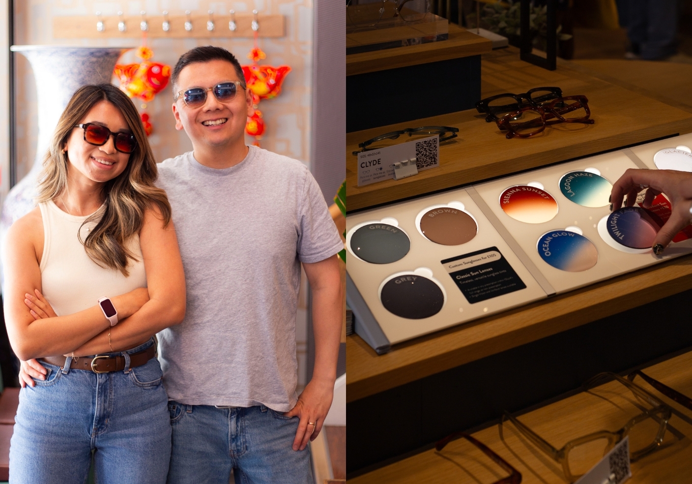 custom tinted lens bar and IOLLA Ambassador wearing custom eyewear