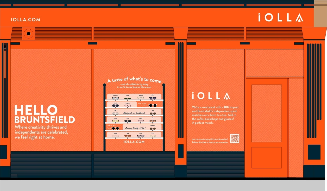 Showroom design drawing for upcoming IOLLA Bruntsfield location. The windows feature orange branding with a large outline of spectacles, the message “Hello Bruntsfield”, and a description celebrating local creativity. The centre panel displays a rack showing various eyewear styles labelled “A taste of what’s to come”. The right panel includes the IOLLA logo, a short brand message, and a note that they are hiring, with a QR code linking to vacancies.