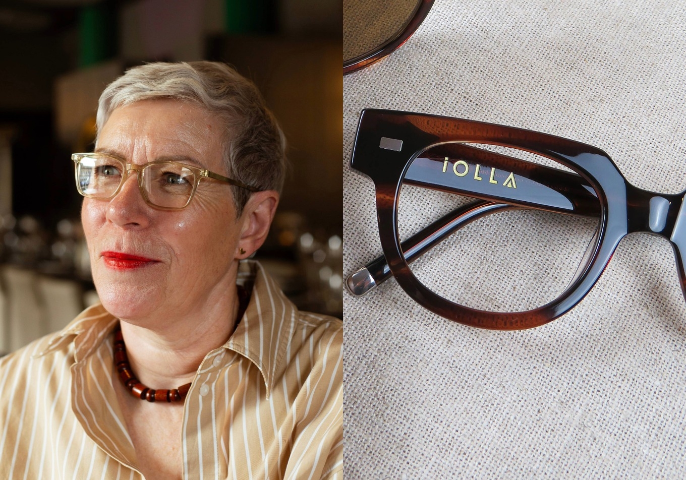 Split image of female model in Variofocal from IOLLA and a pair of IOLLA glasses