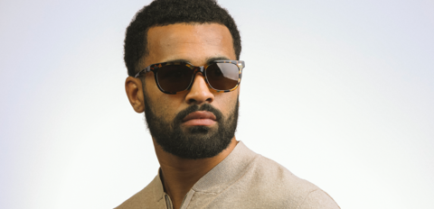Male model wears Inglis_Walnut tortoise large square sunglasses