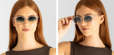BigBell Clear Crystal sunglasses worn by model 