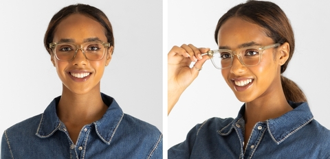Model wearing IOLLA Duncan Moss Green Crystal glasses