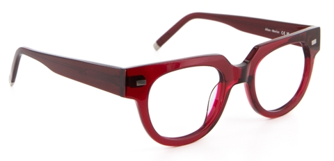Red IOLLA frames sitting at an angle on white background