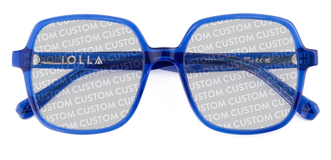 Blue IOLLA Sunglasses with custom writing on lenses folded on a white background