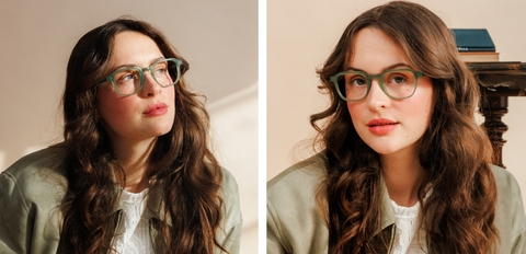 Model wearing khaki green acetate prescription glasses with bold full-rim square frame, UK eyewear.
