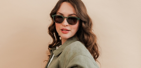 Khaki green acetate sunglasses with brown tinted lenses and bold square frame, available in the UK.