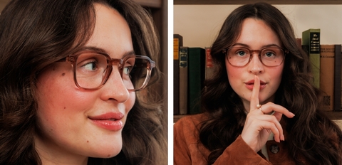 Taupe crystal square acetate prescription glasses with transparent full-rim frame, UK eyewear.