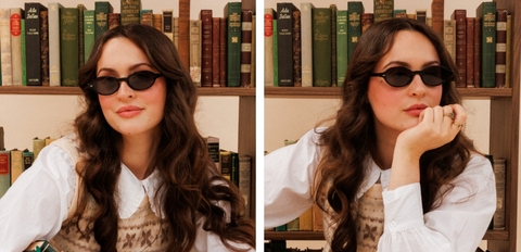 Black oval sunglasses with dark lenses and slim acetate frame, modern UK eyewear.