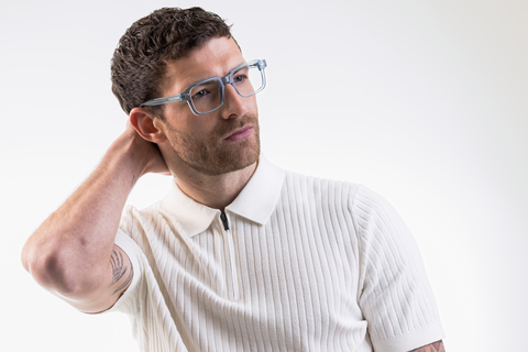 IOLLA Angus Glasses in Teal Crystal Shown on Male Model