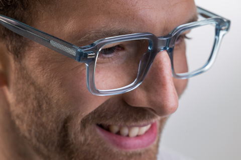 IOLLA Angus Glasses in Teal Crystal Shown on Male Model