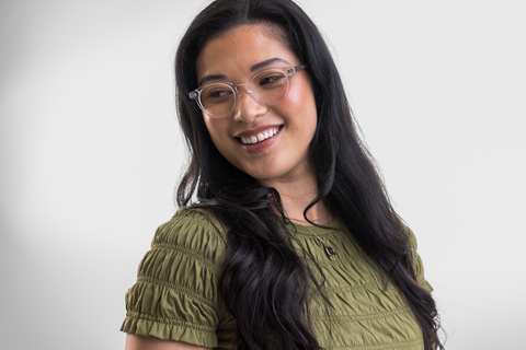 female model wearing Bell Clear Crystal Glasses
